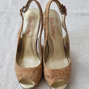 Lilly Pulitzer Tan Peep Toe Wedge Sandals Size 6.5 Preowned